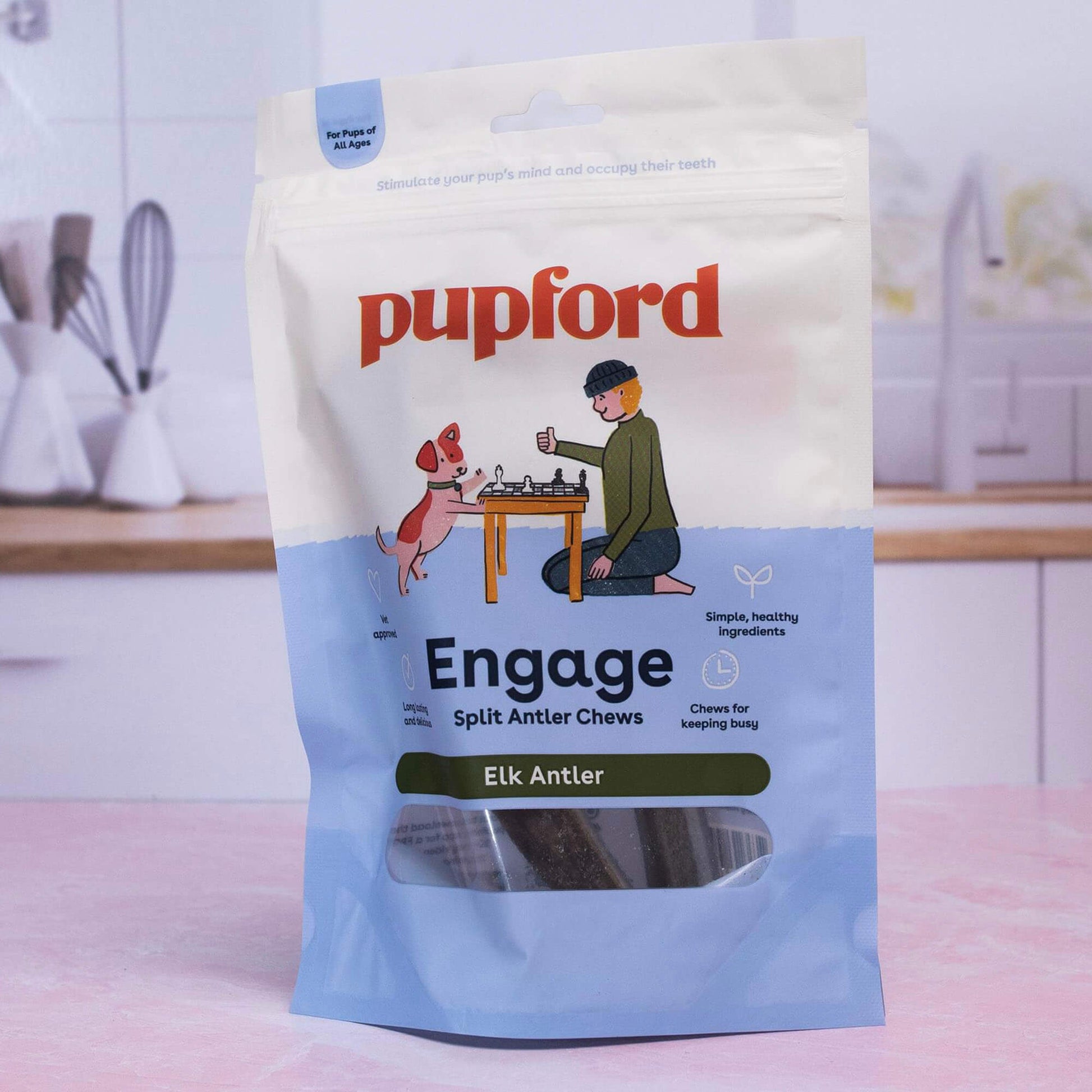 elk antler single chew in a bag on a kitchen counter | Pupford