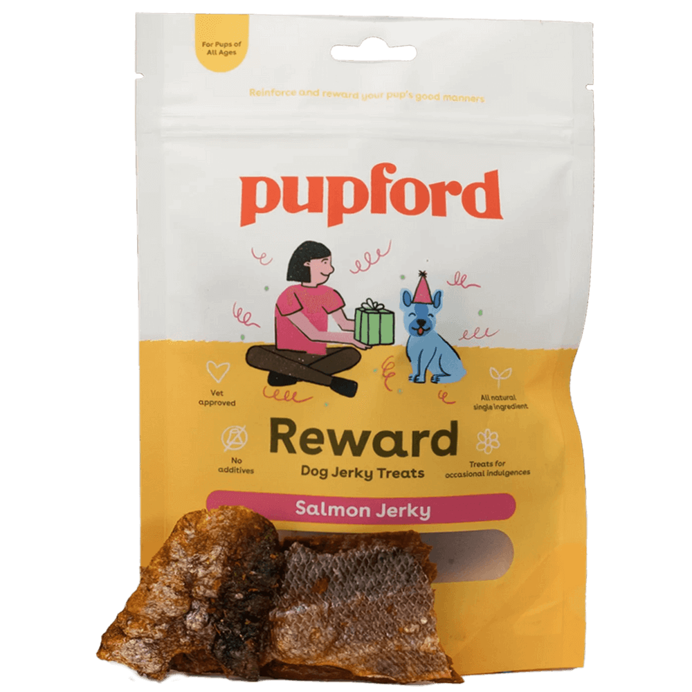 crunchy Salmon Jerky dog treats with a pile of jerky in front of the bag | Pupford