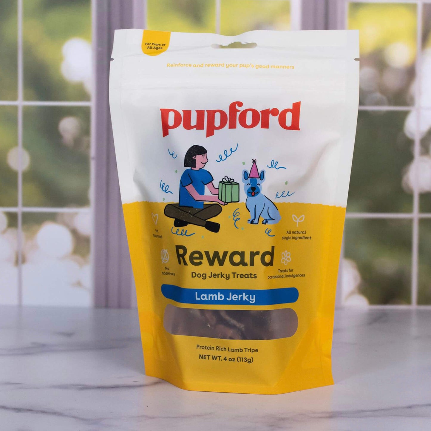 bag of lamb jerky made of lamb tripe for dogs on a kitchen counter | Pupford