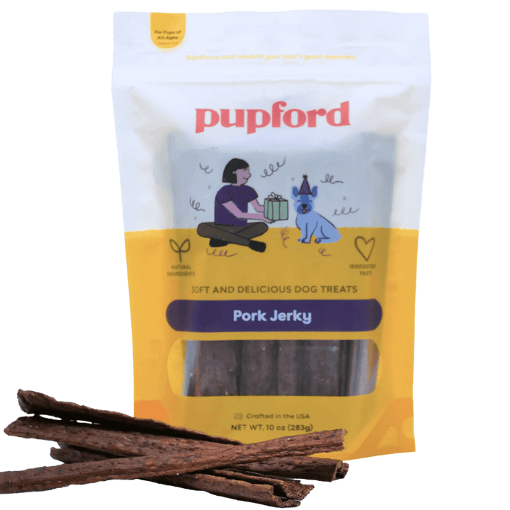 soft pork jerky treats laid in a pile in front of a bag of pork jerky | Pupford