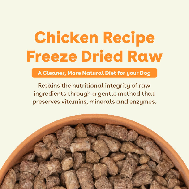 close up of pupford freeze dried raw food with text that says 'chicken recipe freeze dried raw food retains the nutritional integrity of raw ingredients through a gentle method that preserves enzymes, vitamins, and minerals | Pupford