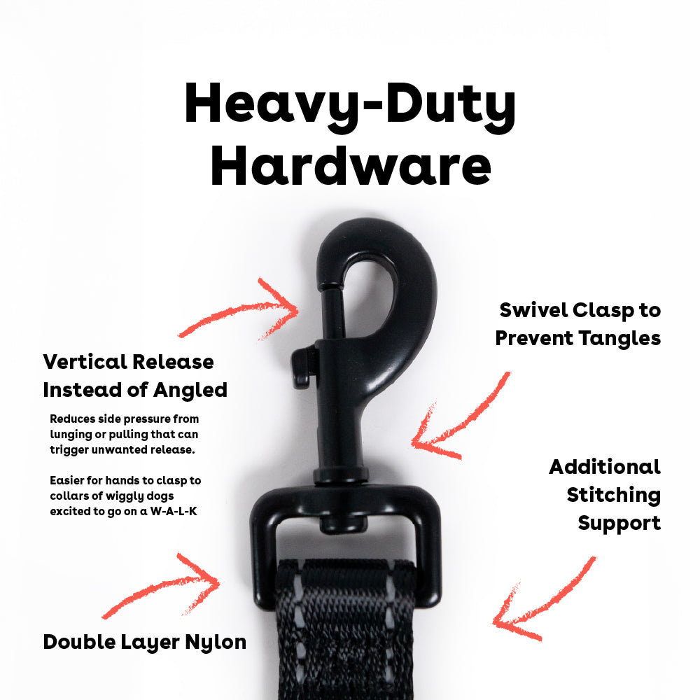 close up of pupford leash hardware with swivel clasp and vertical release and stitching support | Pupford