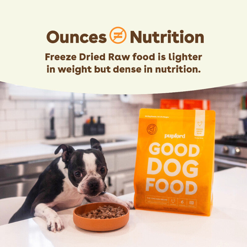 dog eating freeze dried food with the text 'freeze dried raw food is lighter in weight but dense in nutrtion' | Pupford