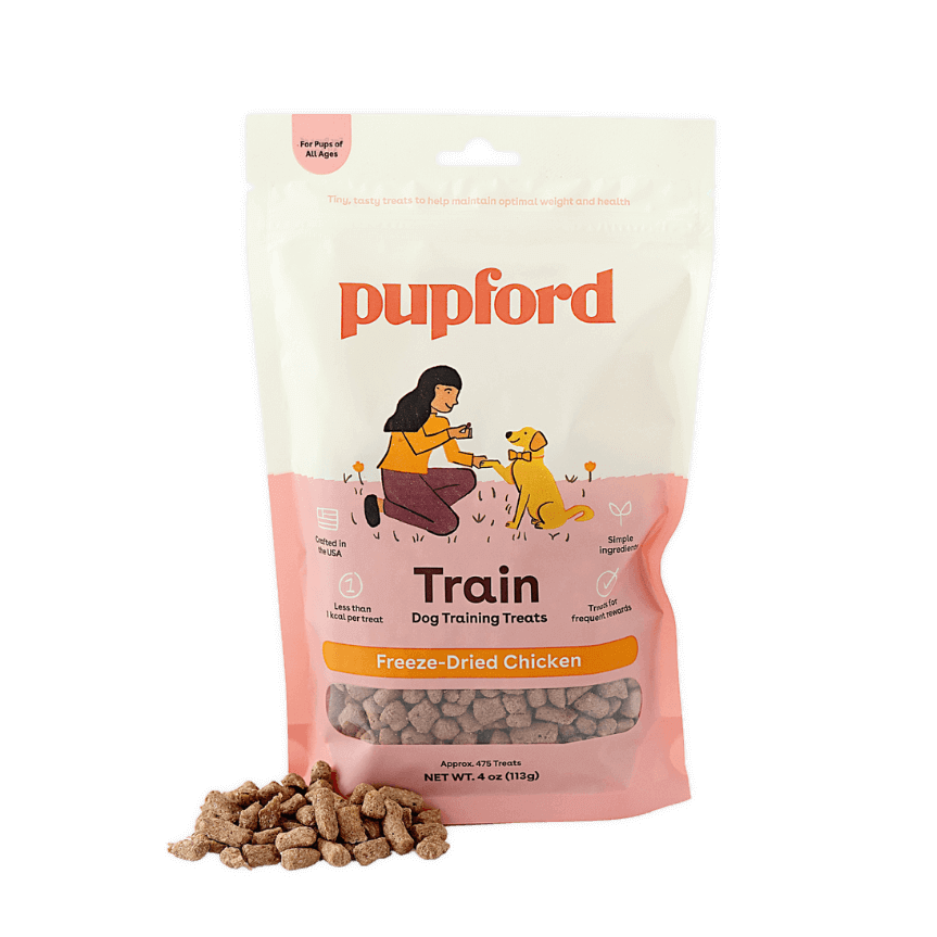 freeze dried chicken training treats for dogs front of bag with treats in a pile | Pupford