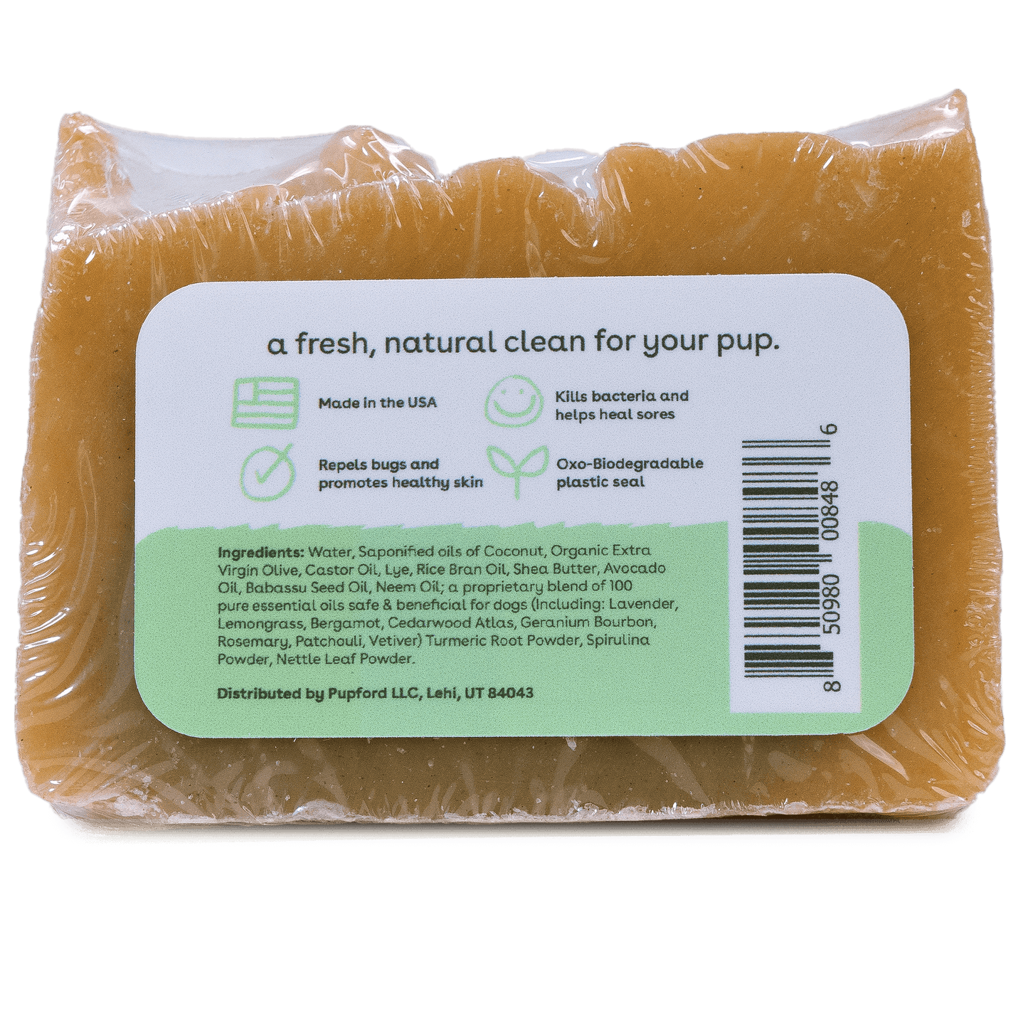 ingredient list for alpine meadow shampoo bar with natural ingredients and a biodegradable seal | Pupford