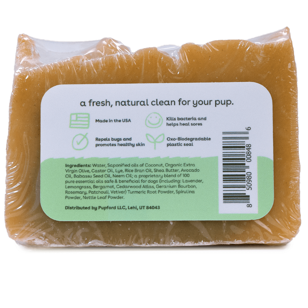 ingredient list for alpine meadow shampoo bar with natural ingredients and a biodegradable seal | Pupford