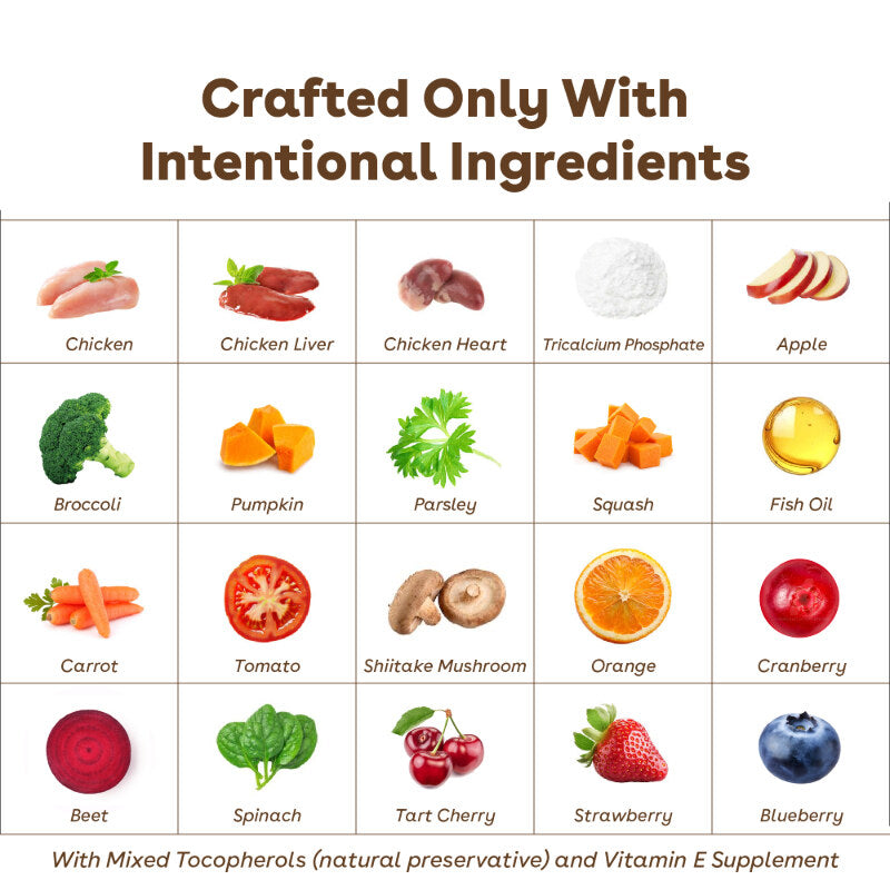 list of ingredients in pupford dog food including chicken heart, fish oil, pumpkin, spinach, apples, and other healthy ingredients | Pupford
