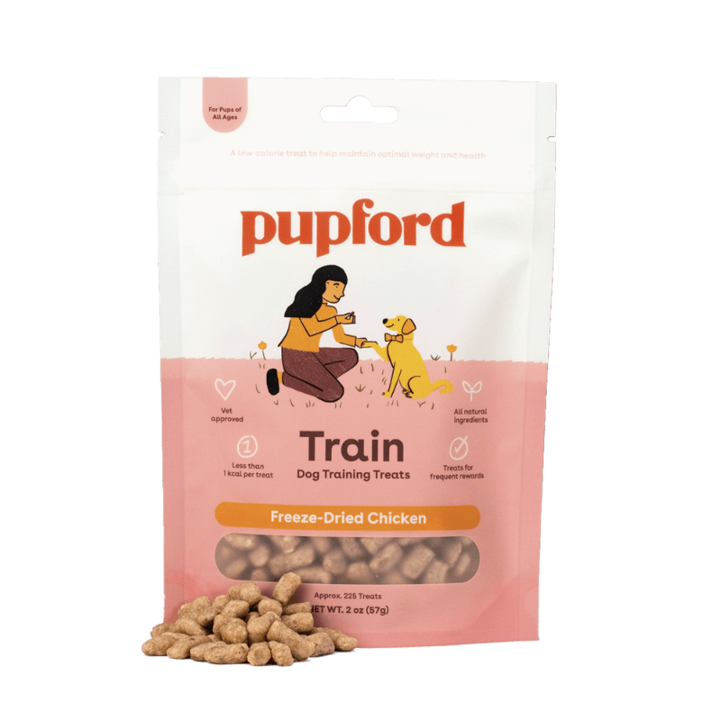 2 oz bag of chicken training treats with a pile of treats in front | Pupford