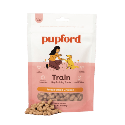 2 oz bag of chicken training treats with a pile of treats in front | Pupford