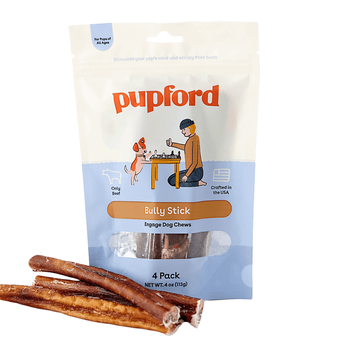 4 pack of 6 inch long lasting bully stick chews for dogs | Pupford