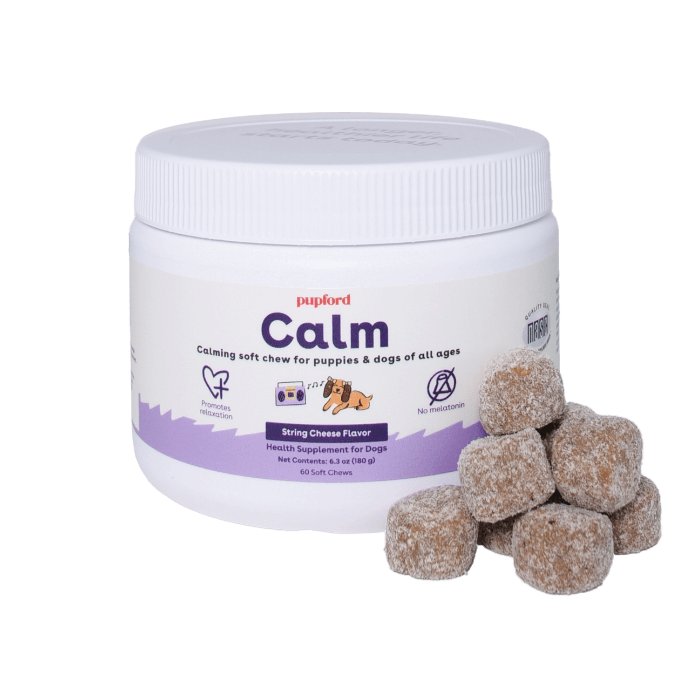 Calming Supplement for dogs and puppies with string cheese flavor in front of the tub | Pupford
