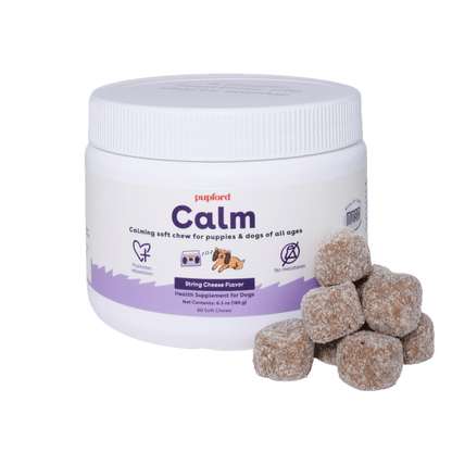 Calming Supplement for dogs and puppies with string cheese flavor in front of the tub | Pupford