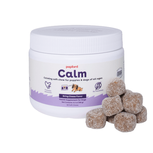 Calming Supplement for dogs and puppies with string cheese flavor in front of the tub | Pupford