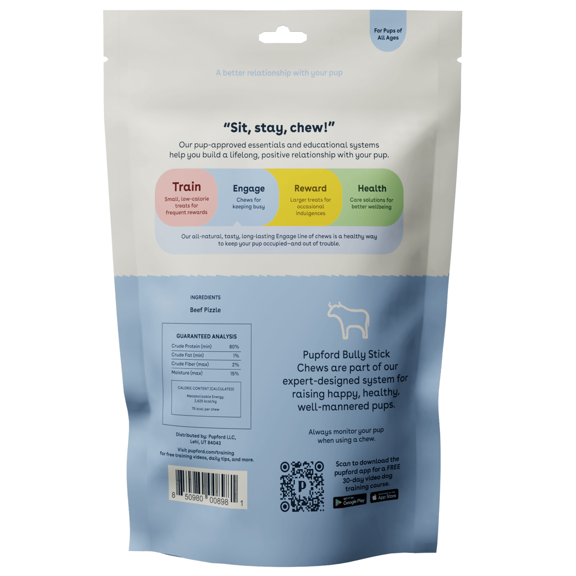 Engage Bully Sticks 4 Pack Back of Bag with calorie count and ingredients | Pupford