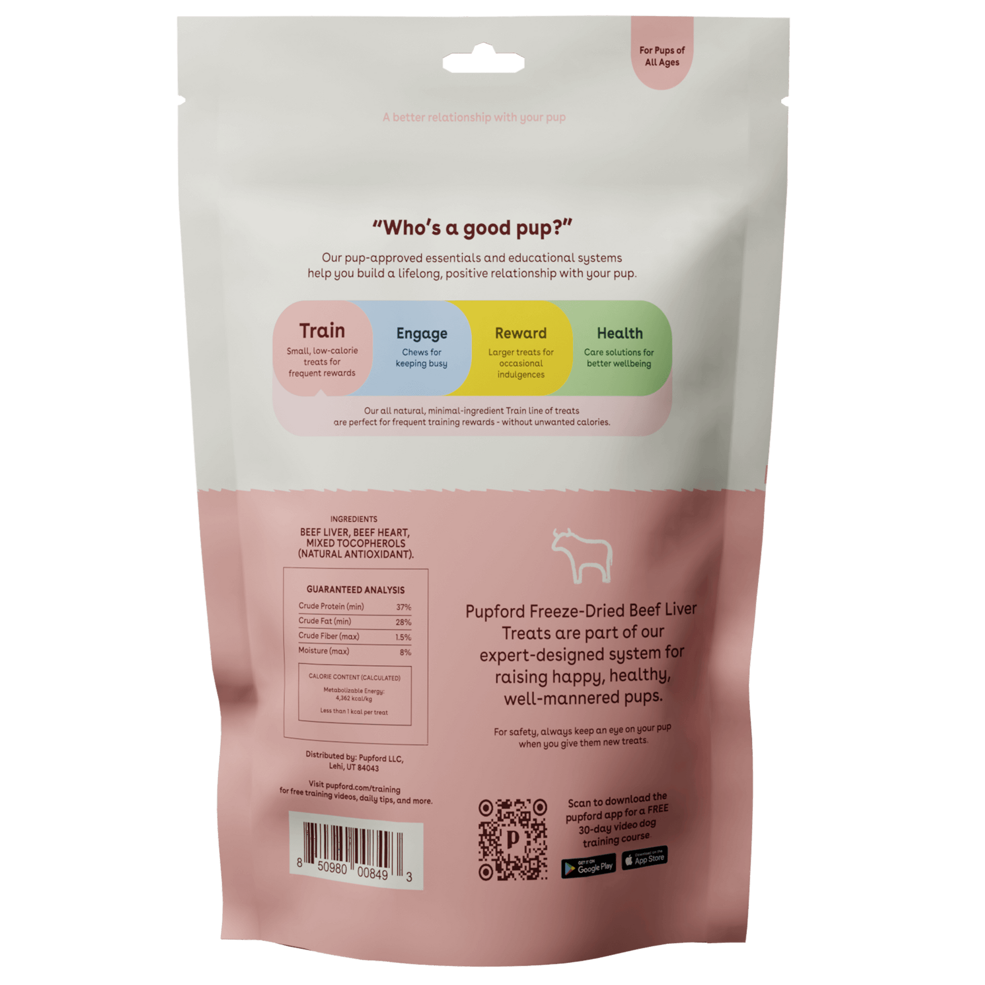 Freeze Dried Beef Liver Training Treat Bag ingredients and nutrition facts on back of bag | Pupford