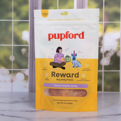 a bag of single ingredient sweet potato jerky treats in front of a window | Pupford