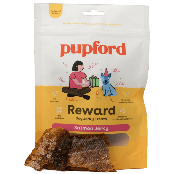 crunchy Salmon Jerky dog treats with a pile of jerky in front of the bag | Pupford