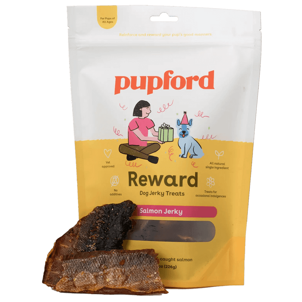 Salmon Jerky dog treats with treats in a pile | Pupford