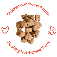 Chicken and sweet potato dog treats in a pile with text that says 'chicken and sweet potato health nutri-dried treat' | Pupford
