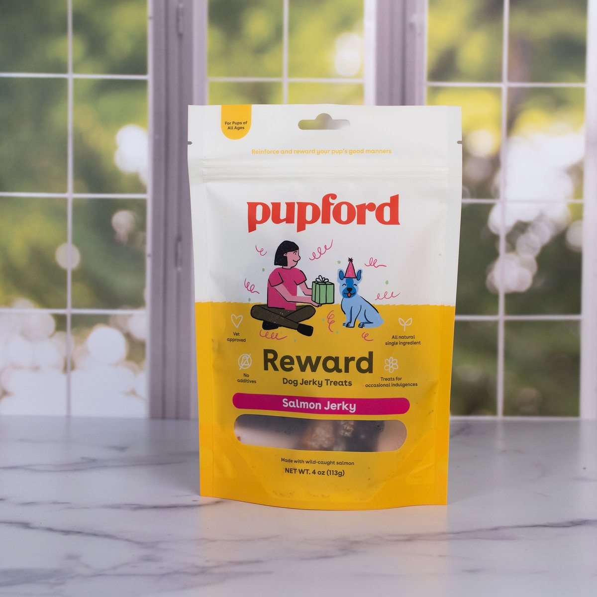 bag of salmon jerky dog treats on a kitchen counter | Pupford