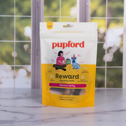 bag of salmon jerky dog treats on a kitchen counter | Pupford