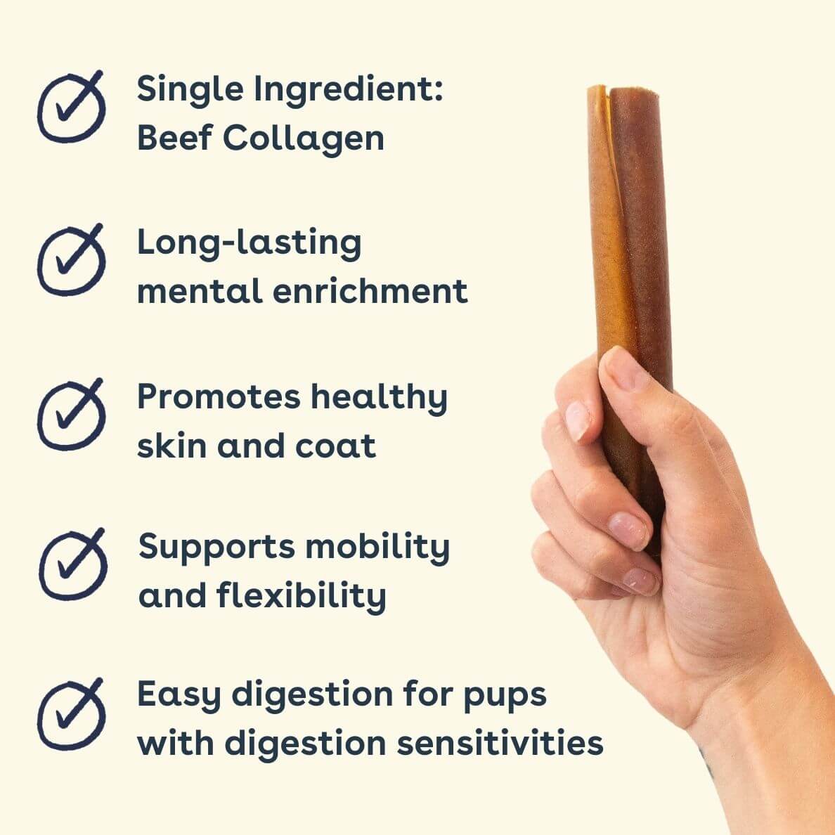 benefits of collagen sticks include long-lasting enrichment, promoting healthy skin and coat, and being easily digestible for dogs with sensitive stomachs | Pupford