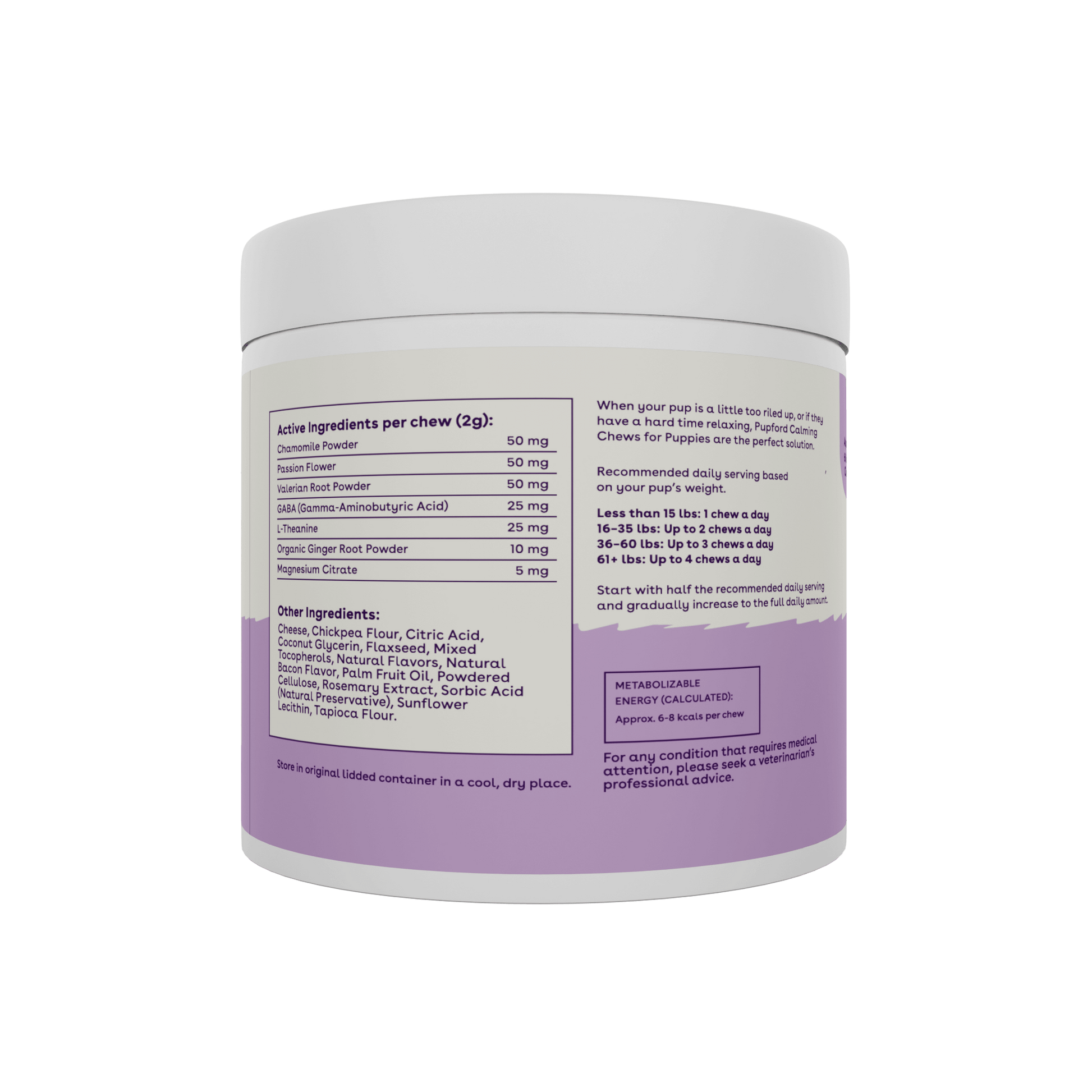 calming supplement for puppies active ingredients including chamomile, passion flower, and valerian root powder | Pupford