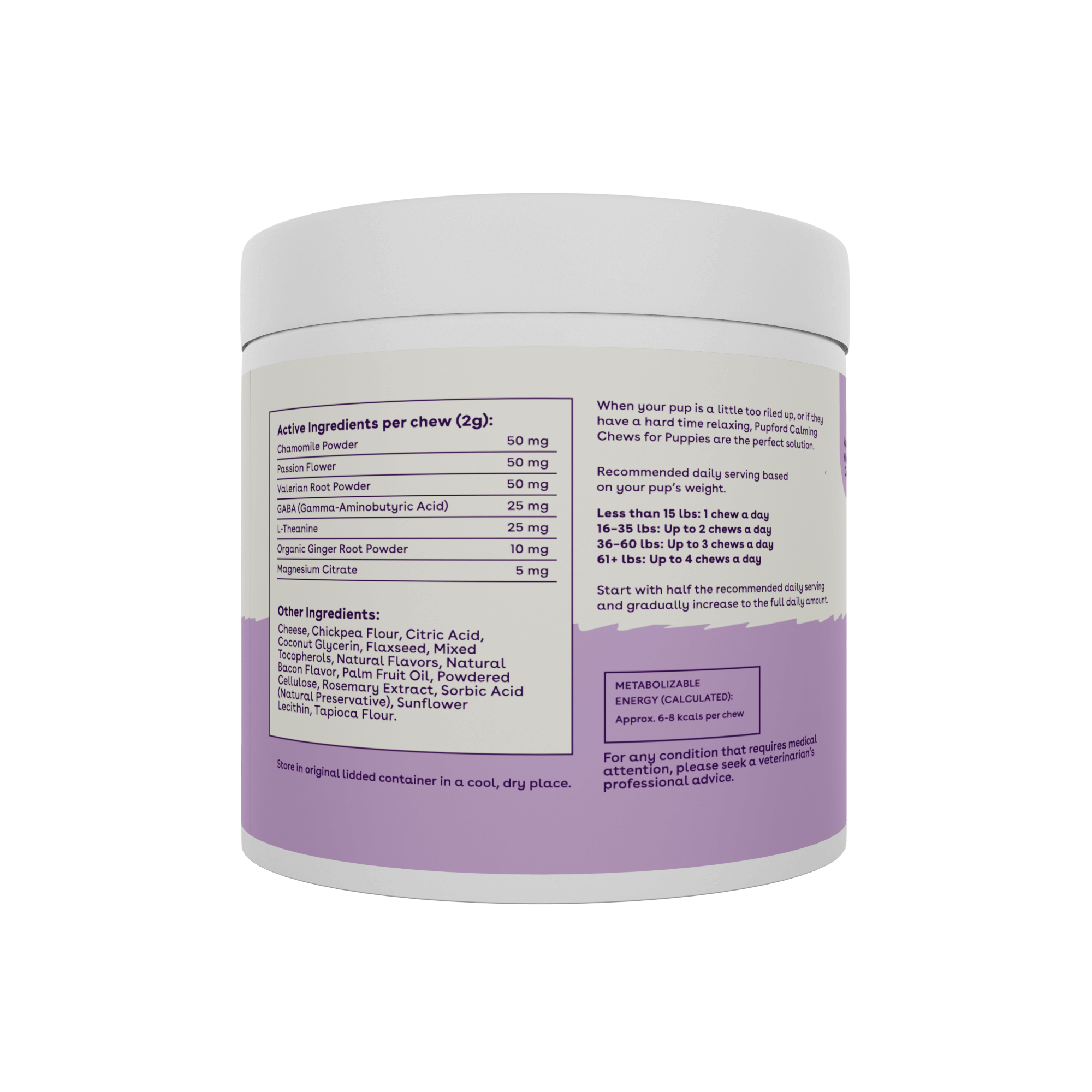 calming supplement for puppies active ingredients including chamomile, passion flower, and valerian root powder | Pupford