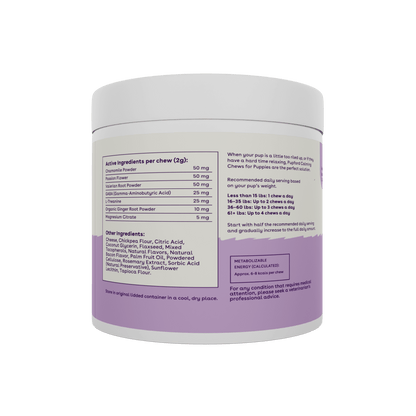 calming supplement for puppies active ingredients including chamomile, passion flower, and valerian root powder | Pupford