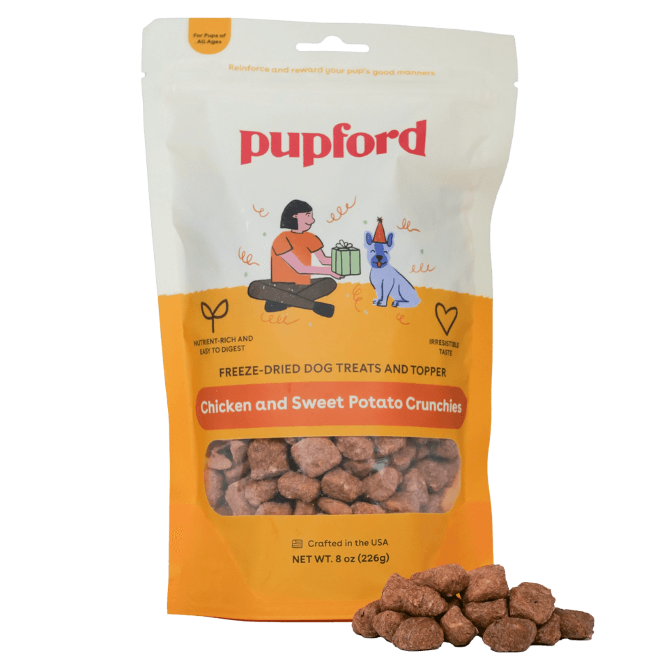 8 oz bag of chicken and sweet potato dog treats with a pile of treats in front of the bag | Pupford