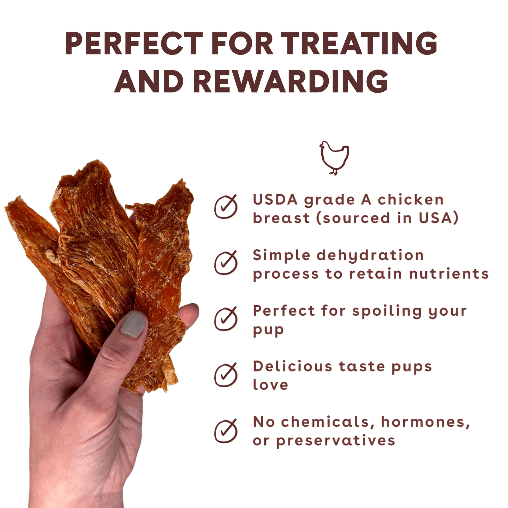 chicken jerky in a hand with benefits like delicious flavor and usda grde a chicken breast sourced in the usa | Pupford