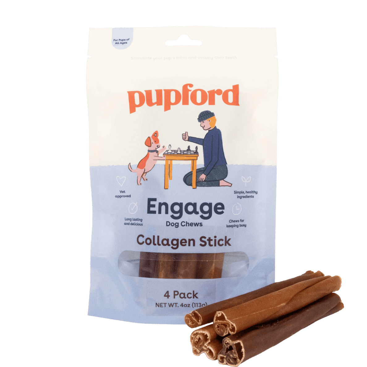 collagen sticks for dogs 4 pack front of bag with sticks in front | Pupford