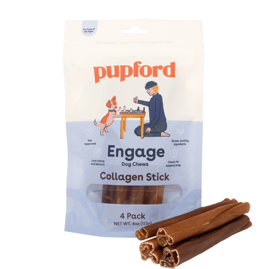 collagen sticks for dogs 4 pack front of bag with sticks in front | Pupford