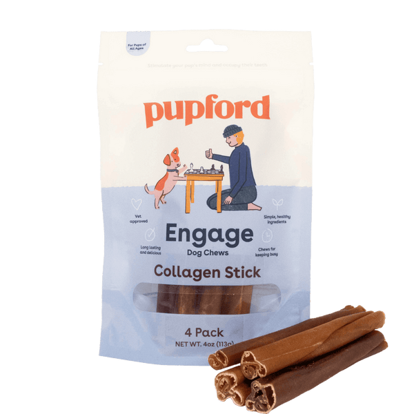 collagen sticks for dogs 4 pack front of bag with sticks in front | Pupford
