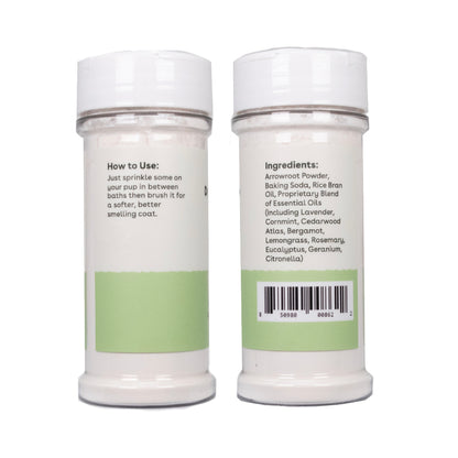 dog dry shampoo ingredients and instructions including baking soda, arrowroot powder, and dog safe essential oils | Pupford