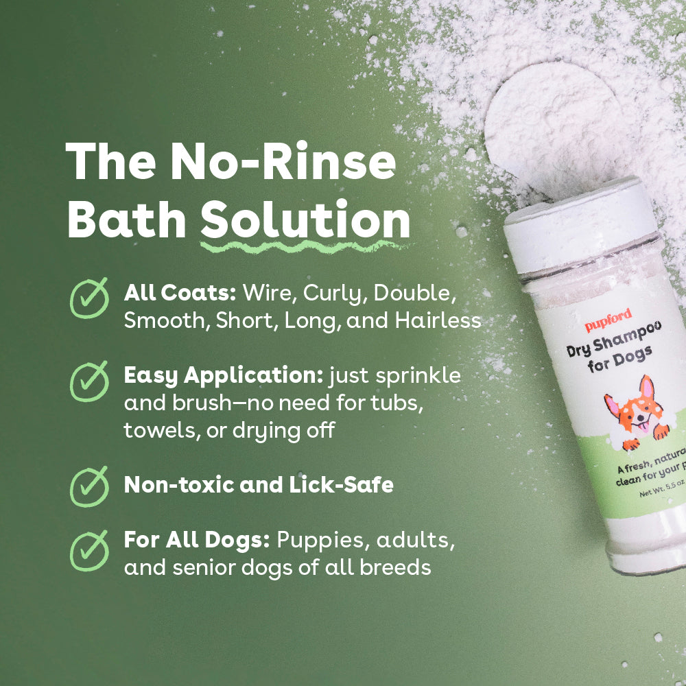 dry shampoo for dogs benefits including working on all coat types, easy application, and no water needed | Pupford