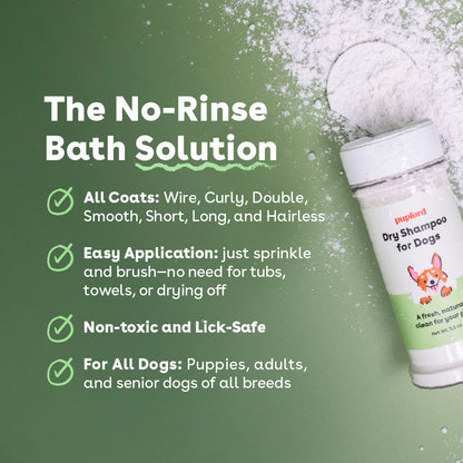 dry shampoo for dogs benefits including working on all coat types, easy application, and no water needed | Pupford