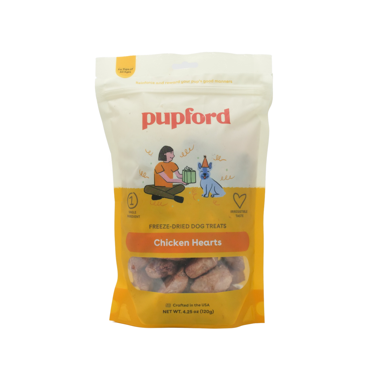 freeze dried chicken hearts front of 4.25 oz bag | Pupford