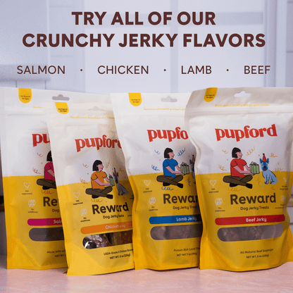 image with all 4 pupford jerky options including salmon chicken lamb and beef | Pupford