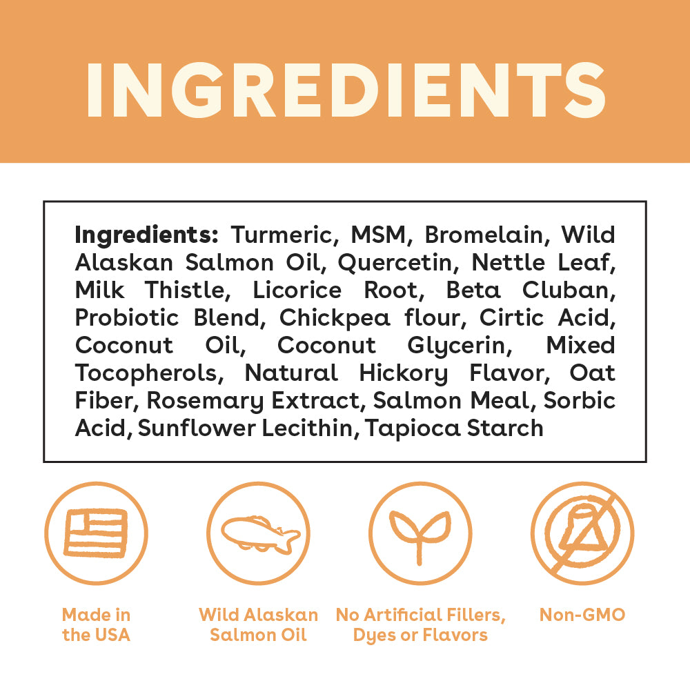 ingredient list in pupford allergy supplement including turmeric, msm, salmon oil, and more | Pupford