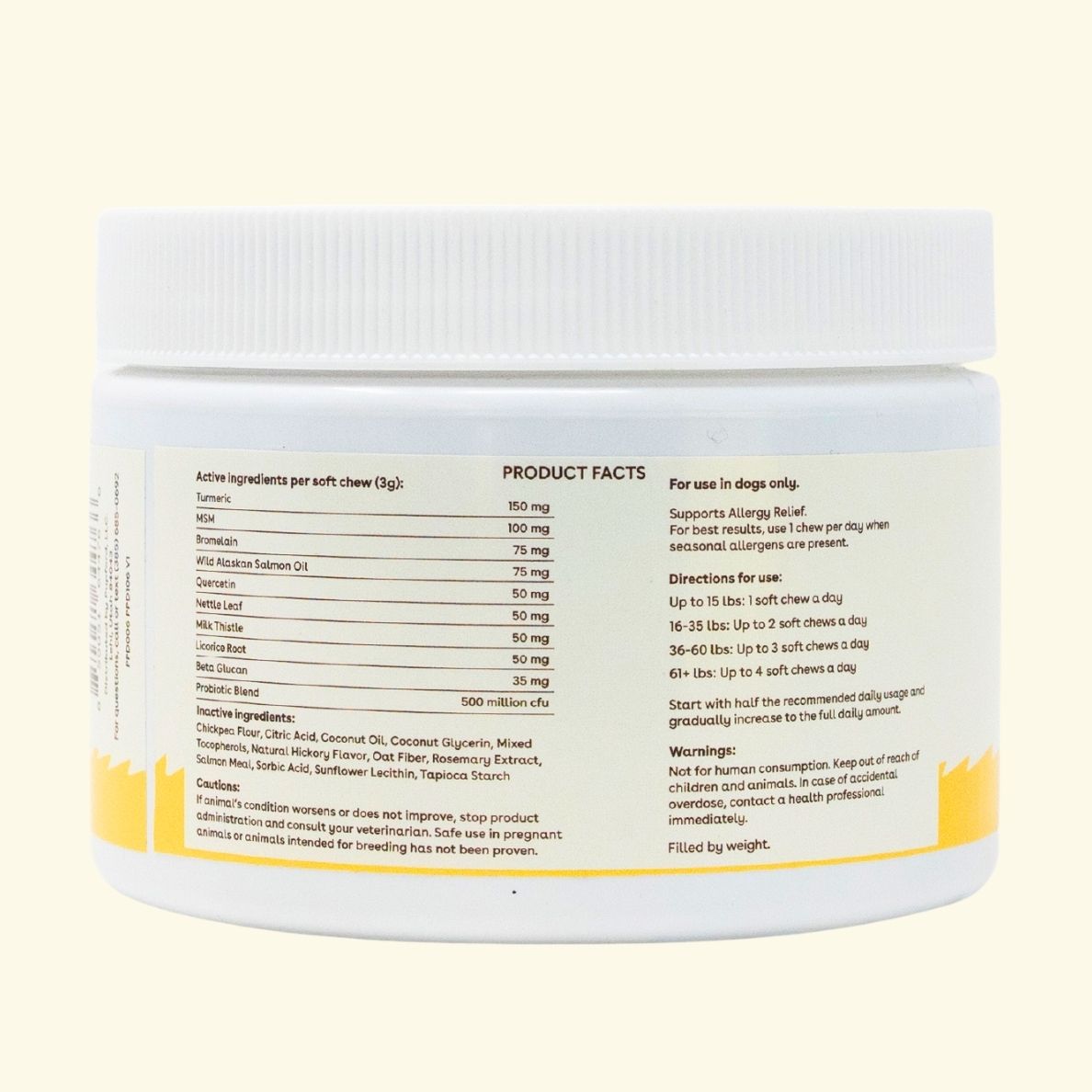 ingredients in a dog allergy supplement shown on the back of the tub | Pupford