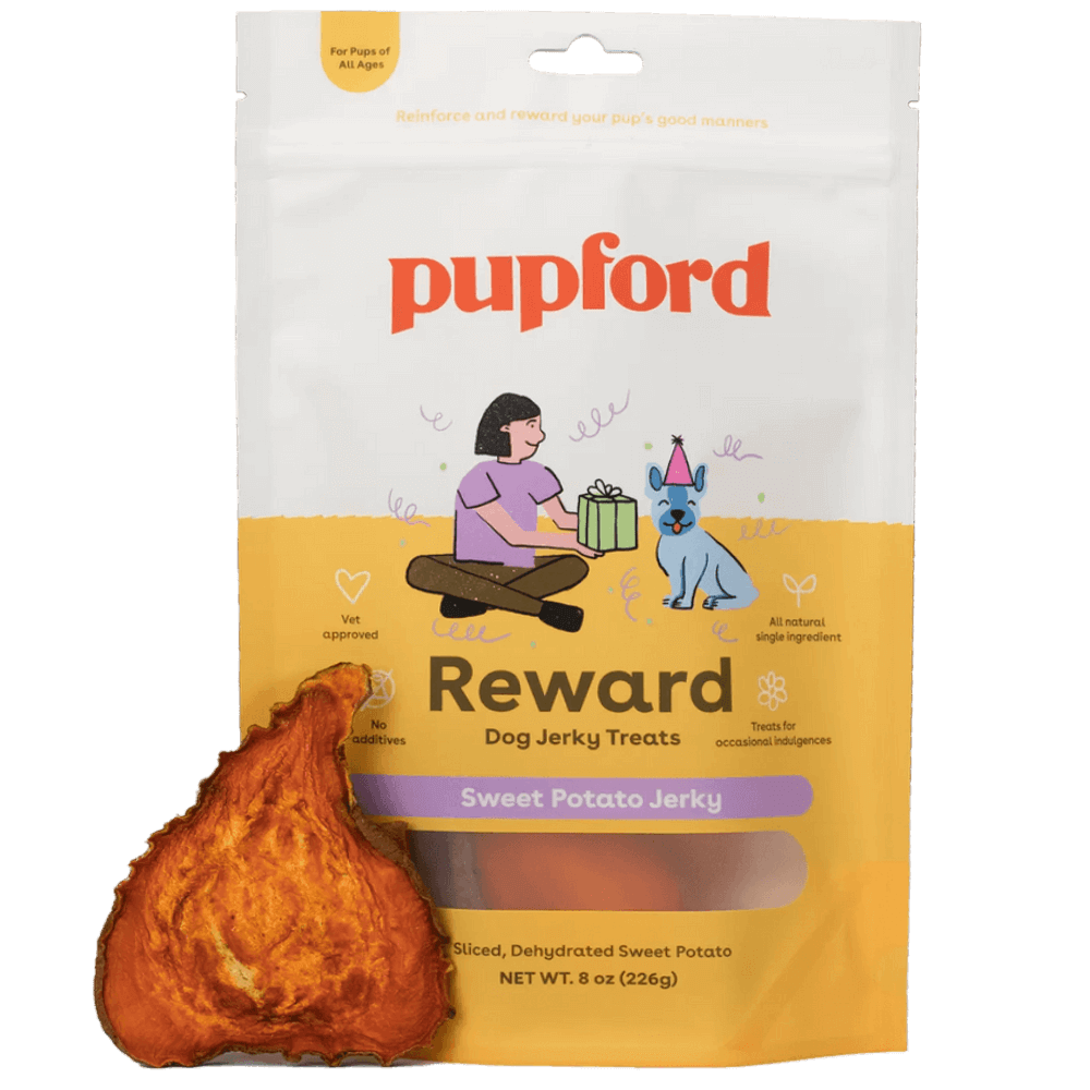 piece of sweet potato jerky treats for dogs in front of a bag | Pupford