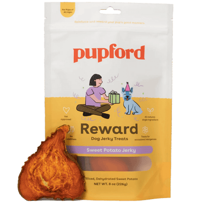 piece of sweet potato jerky treats for dogs in front of a bag | Pupford