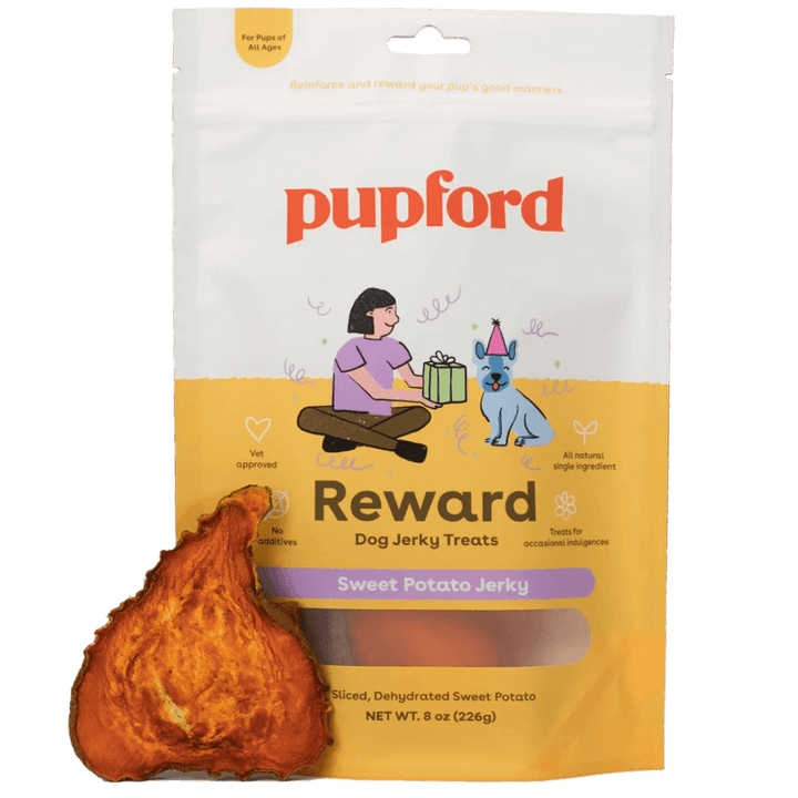 piece of sweet potato jerky treats for dogs in front of a bag | Pupford