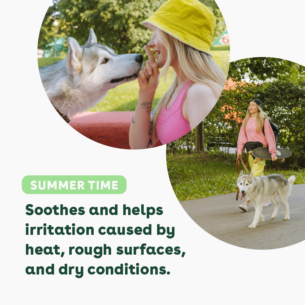 woman with dog and text that says soothes and helps irritation caused by heat, rough surfaces, and dry conditions | Pupford